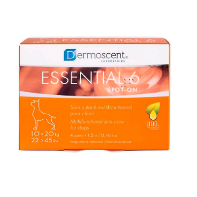 Embalagem laranja e branca do Dermoscent ESSENTIAL 6 para cães