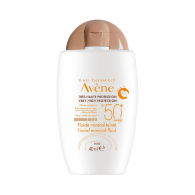 Frasco plástico branco de proteção solar Avène SPF 50 com tampa bege