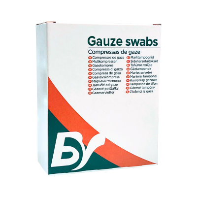 Caixa branca de compressas de gaze com design em verde escuro e laranja e texto multilingue