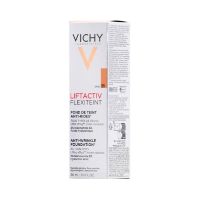 Embalagem branca de base Vichy Liftactiv Flexiteint Sand 35 com texto em francês e inglês