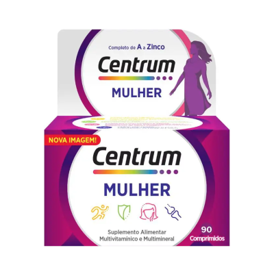 Embalagem de suplemento multivitamínico Centrum Mulher roxa e branca com texto e ícones