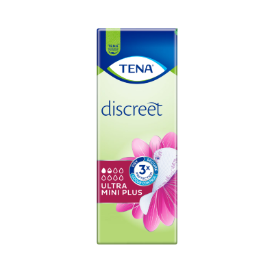 Embalagem de absorventes femininos TENA Discreet Ultra Mini Plus verde, azul e rosa