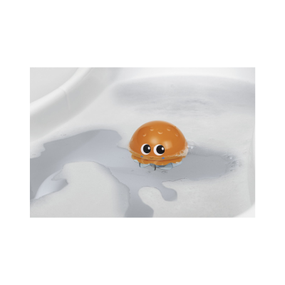 Brinquedo de banho hamburguer a flutuar em água com espuma branca