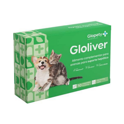 Caixa verde de suplemento alimentar para animais Gloliver para suporte hepático com imagens de cão e gato