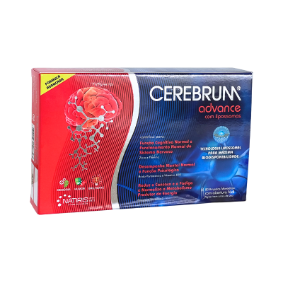 Embalagem do suplemento Cerebrum advance em vermelho e azul com texto e imagem de cérebro