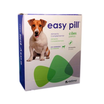 Caixa branca e azul de suplemento alimentar easy pill para cães com imagem de cão e texto em verde