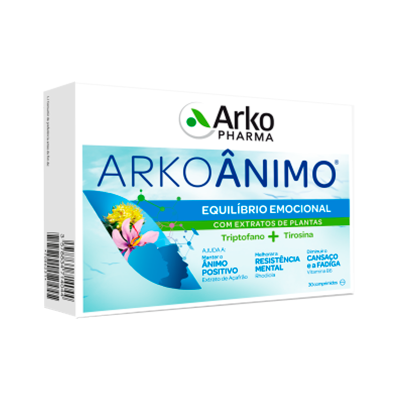 Embalagem branca de comprimidos ARKOÂNIMO da Arko Pharma com design azul e texto informativo.