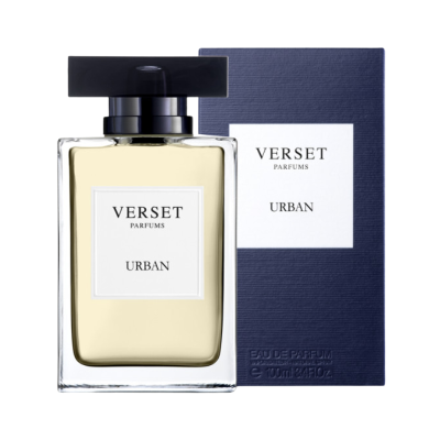 Frasco de perfume Verset Parfums Urban com embalagem azul e etiqueta branca