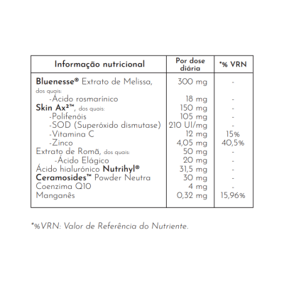 Tabela nutricional com ingredientes e valores diários de suplemento