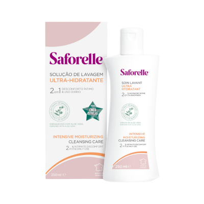 Produto Saforelle solução de lavagem ultra-hidratante em embalagem branca e rosa