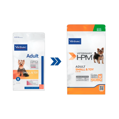 Pacotes de ração para cães Virbac Adult Small & Toy com textos e imagem de cão