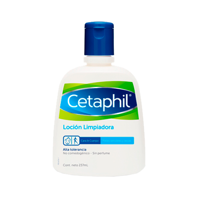 Frasco de plástico branco Cetaphil com tampa azul e texto em espanhol