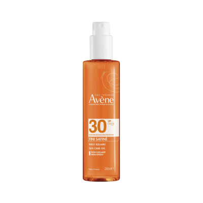 Frasco laranja de óleo solar Avène FPS 30 com tampa branca e texto em branco e laranja