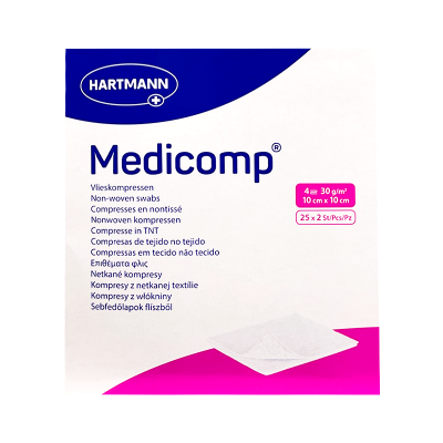 Embalagem de compressas não tecidas Medicomp da Hartmann em branco e azul