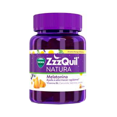 Frasco roxo de suplemento Melatonina ZzzQuil Natura Vicks