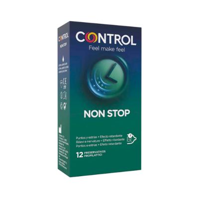 Caixa de preservativos Control Non Stop azul e verde com texto branco e amarelo