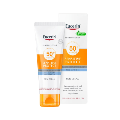 Creme solar Eucerin Sensitive Protect FPS 50+ para pele sensível em embalagem branca e laranja