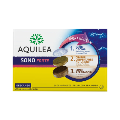Caixa de suplemento Aquilea Sono Forte com três comprimidos e descrição dos benefícios para o sono