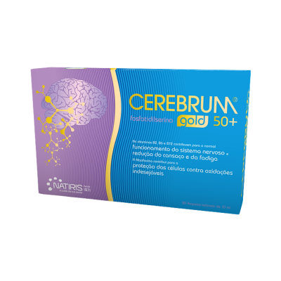 Embalagem azul e roxa do suplemento CEREBRUM gold 50+ da NATIRIS