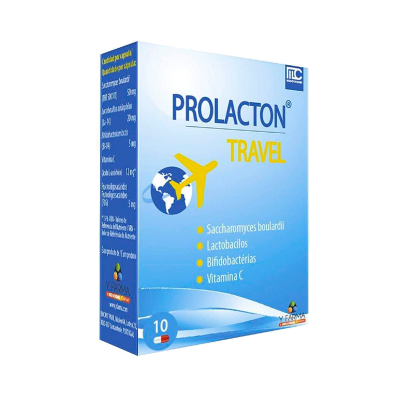 Embalagem do suplemento PROLACTON TRAVEL com 10 pastilhas em fundo azul e amarelo