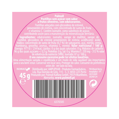 Etiqueta cor-de-rosa de pastilhas Pulmoll com texto informativo em português