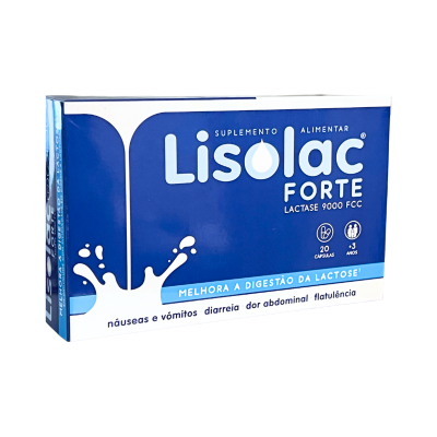 Caixa azul e branca de suplemento Lisolac Forte para digestão da lactose