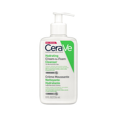 Frasco branco com doseador CeraVe Hydrating Cream-to-Foam Cleanser 236 ml