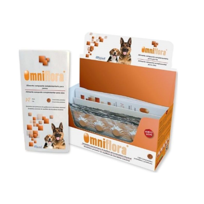 Embalagem Omniflora para cães com imagens de pastores alemães e texto em branco e laranja