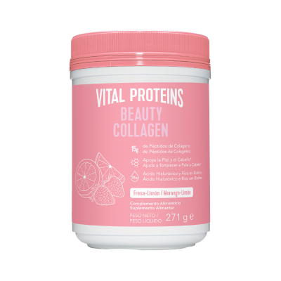 Suplemento alimentar Vital Proteins Beauty Collagen embalagem rosa com morangos e limão desenhados