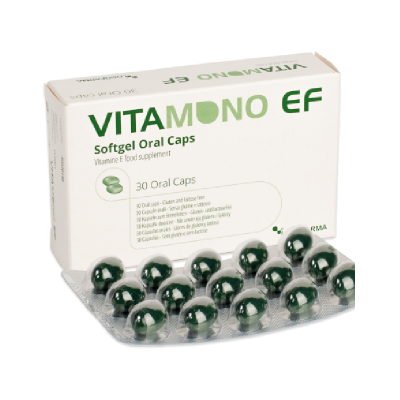 Produto VITAMONO EF cápsulas Softgel verdes em embalagem branca com texto em verde
