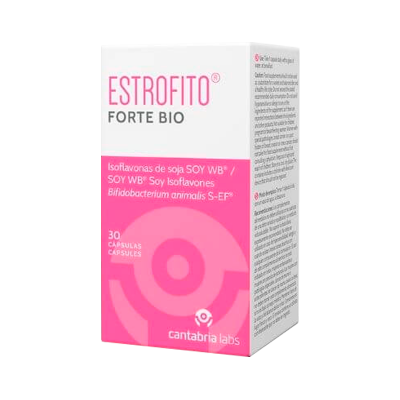 Embalagem rosa e branca do suplemento Estrofito Forte Bio com textos em português e inglês.