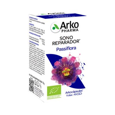 Embalagem do suplemento Sonno Reparador Passiflora da Arko Pharma com flor e selo biológico