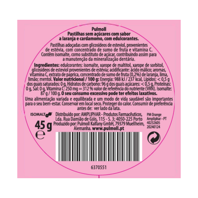 Etiqueta rosa de pastilhas Pulmoll com informações nutricionais e ingredientes