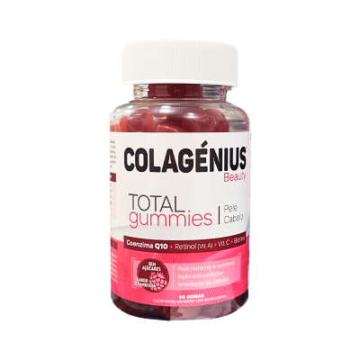 Frasco de suplementos COLAGÉNIUS Beauty TOTAL gummies com gomas vermelhas para pele e cabelo