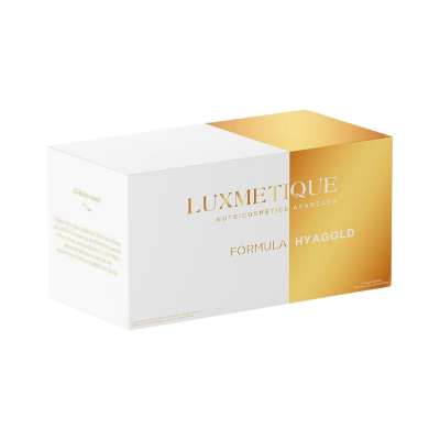 Embalagem branca e dourada do produto Luxmetique Fórmula Hyagold