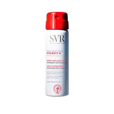 Spray anti-prurido SVR Cicavit+ com tampa vermelha e texto em branco e vermelho