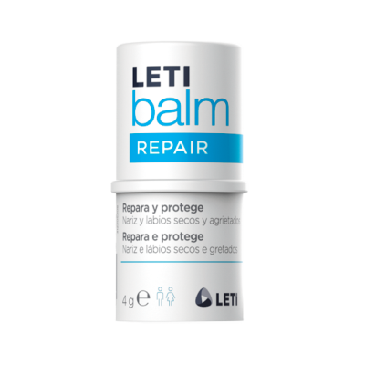 Stick labial branco LETI balm REPAIR com texto azul e preto