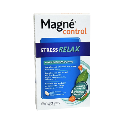 Caixa de comprimidos Magné control Stress Relax com texto e imagens em fundo branco