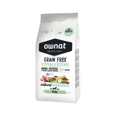 Embalagem branca de ração para cães Ownat com texto e imagens de ingredientes naturais
