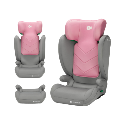Cadeira auto infantil Kinderkraft cinza e rosa com apoio de cabeça acolchoado.