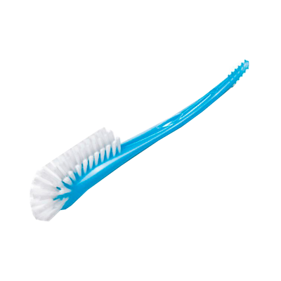 Escova de limpeza azul com cerdas brancas e cabo estriado
