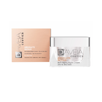 Creme noturno anti-envelhecimento DAVEIA CEUTICS Absolute Repair com embalagem transparente e caixa bege.