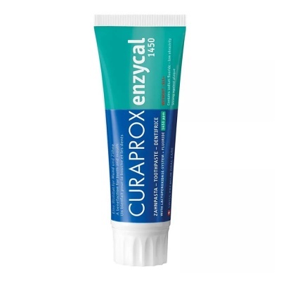 Tubo de creme dentífrico CURAPROX enzymcal 1450 verde e azul