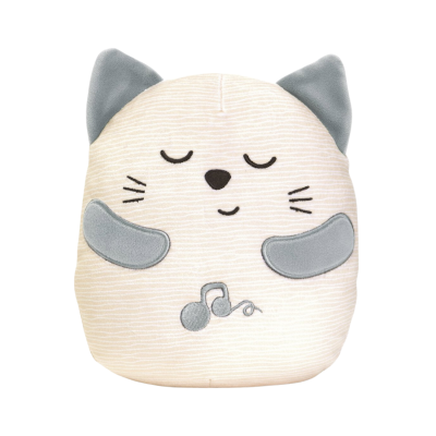 Almofada de peluche em forma de gato creme com detalhes cinzentos e bordados