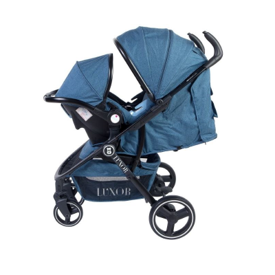 Carrinho de bebé duplo azul e preto com cadeira de carro e cesto inferior LUXOR.
