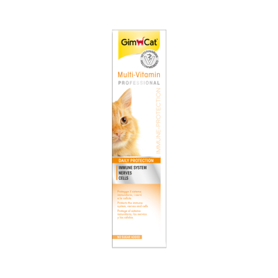 Embalagem branca e laranja de suplemento vitamínico para gatos GimCat Multi-Vitamin Professional