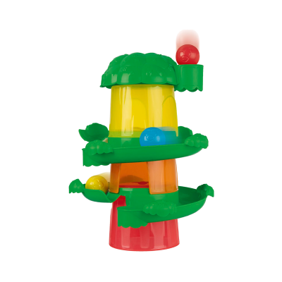 Brinquedo de torre de plástico colorido com bolas e detalhes verdes em forma de folhas