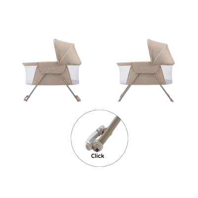 Berços portáteis bege com laterais em rede e mecanismo de fecho Click