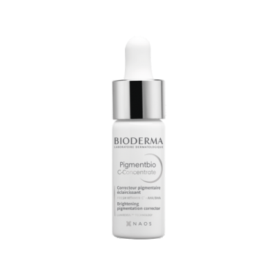 Frasco branco de BIODERMA PIGMENTBIO C-Concentrate com conta-gotas cromado para correção de pigmentação