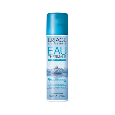 Spray água termal URIAGE 50 ml com tampa azul e imagem de montanhas